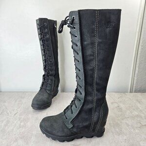 Sorel Hidden Wedge Tall Boot 6 Black Waterproof Leather Lace Up Knee High Combat